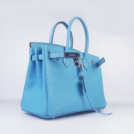 Hermes Birkin 30Cm Togo Leather Handbags Light Blue Silver